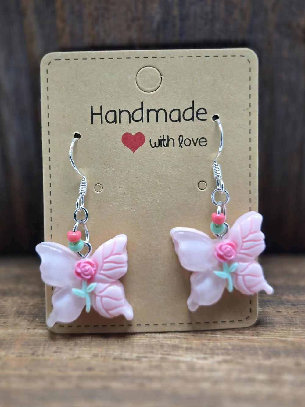 NWT Rose Butterfly Earrings Pierced Acrylic Glass Bead Dangle Drop Light Weight